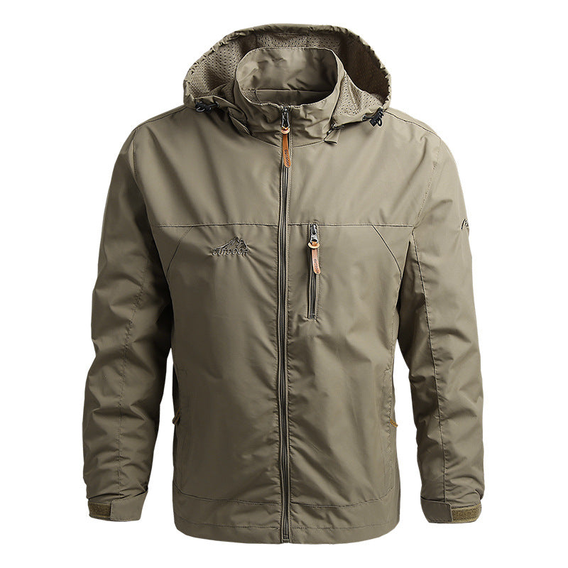 High-quality fabric of men's hooded outerwear, offering comfort & versatile protection for daily adventures.
