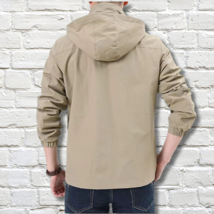 Back view of the stylish men's hooded jacket, providing protection for everyday casual adventures.