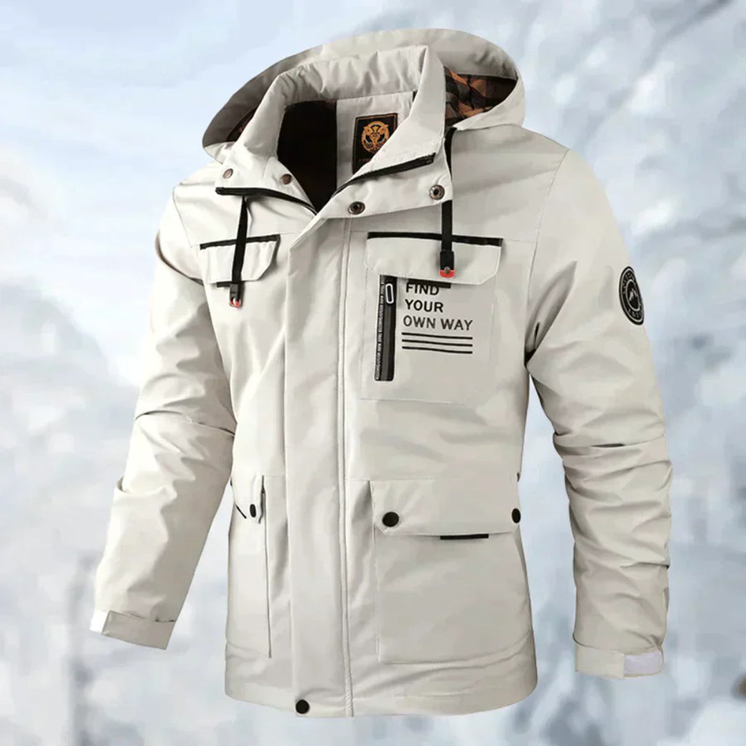 Men's hooded casual winter jacket, warm outdoor outerwear with multi-pockets & drawstring.