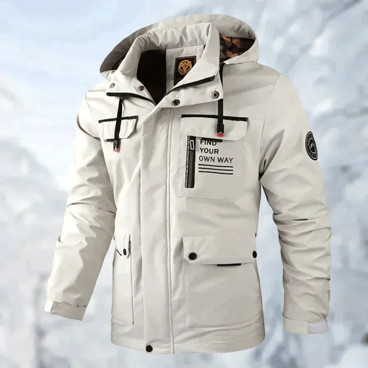 Men's hooded casual winter jacket, warm outdoor outerwear with multi-pockets & drawstring.
