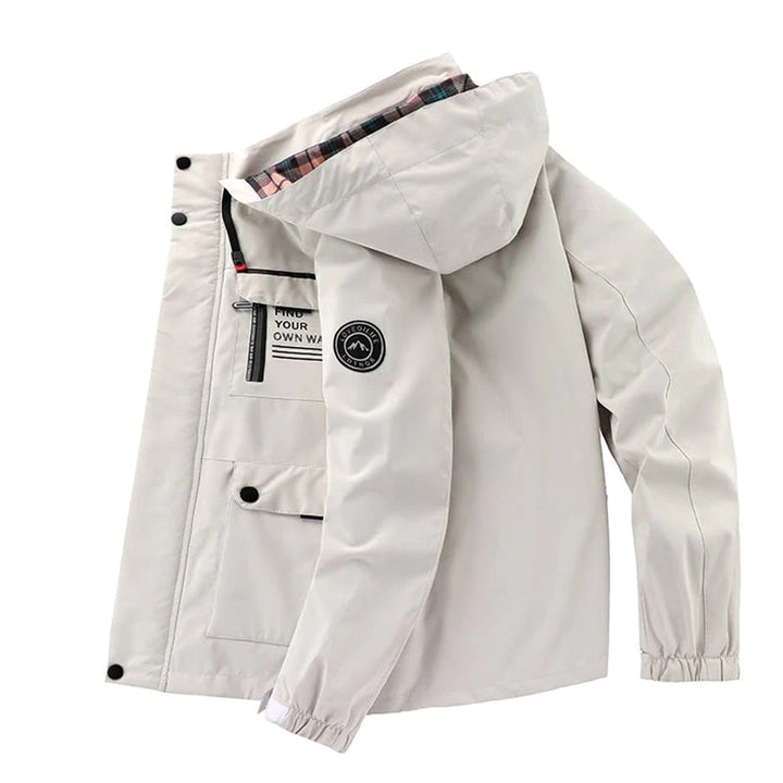 Warm men's winter jacket, hooded casual outerwear for outdoor activities. Multi-pocket design.