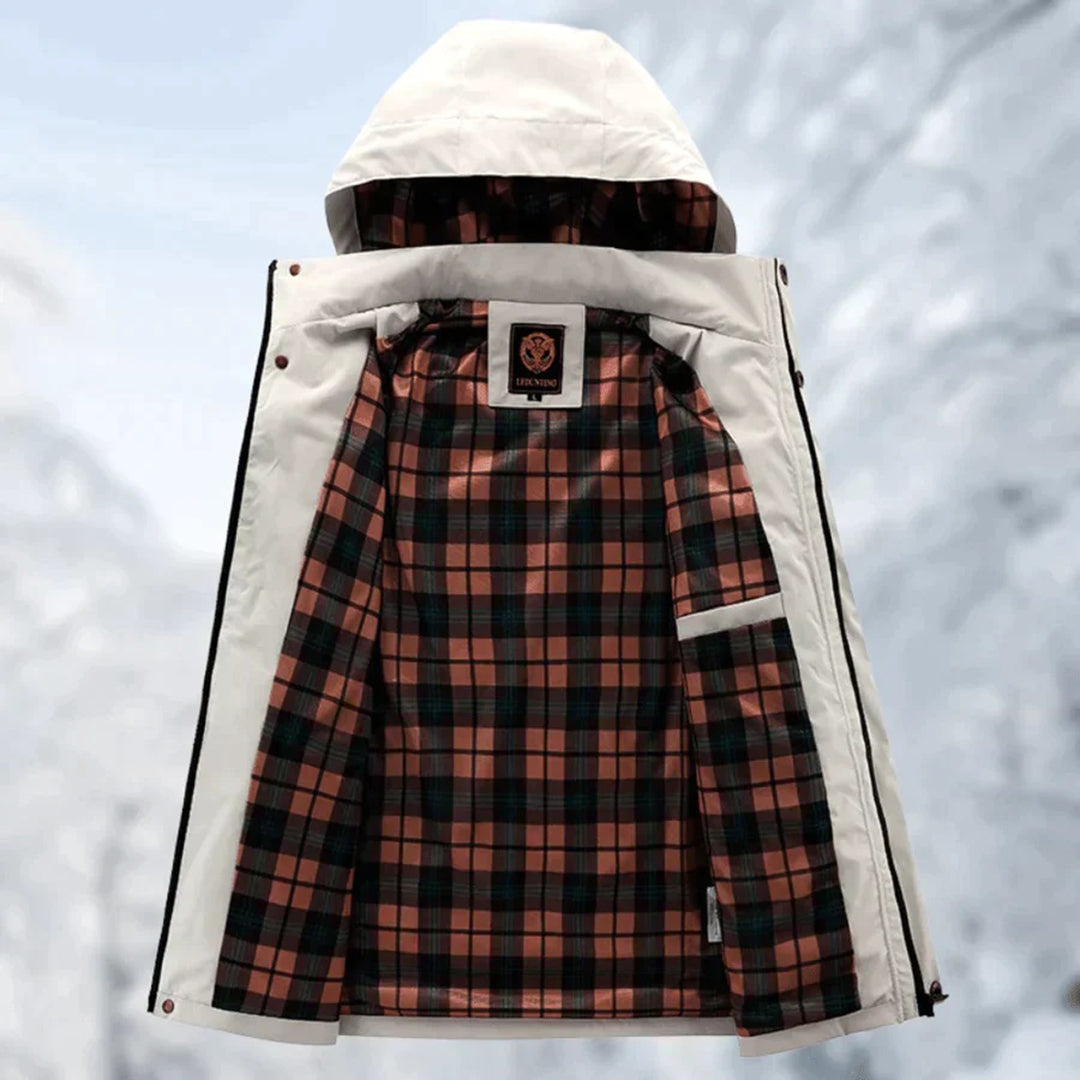 Men's hooded winter jacket with drawstring, warm & casual multi-pocket outerwear for cold weather.