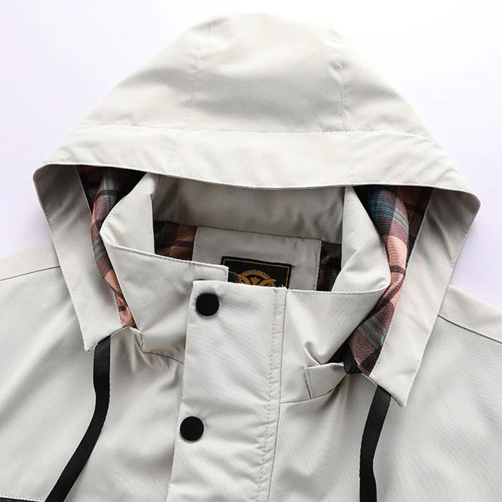 Practical men's multi-pocket hooded winter jacket, warm casual outdoor outerwear.