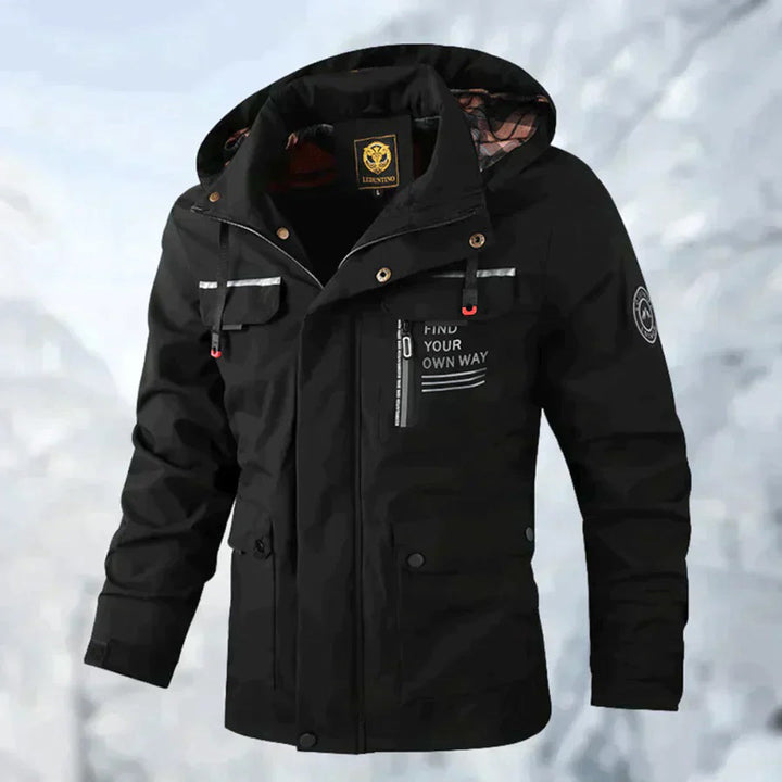 Versatile men's hooded winter jacket, warm casual multi-pocket outerwear for various outdoor activities.
