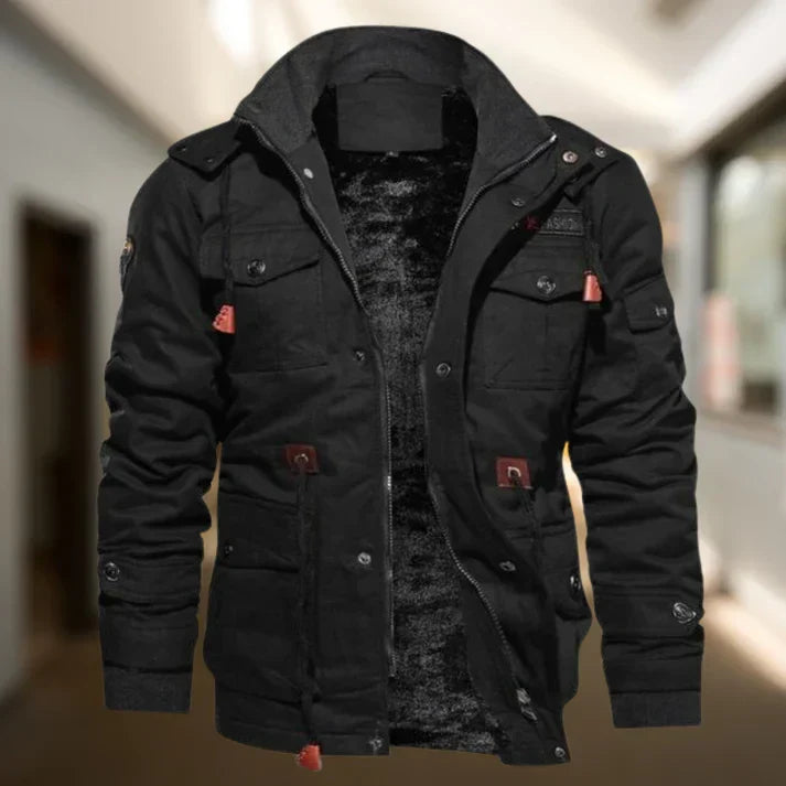 Men's hooded military jacket with multi-pockets & adjustable waist, perfect for versatile fall and winter outerwear.