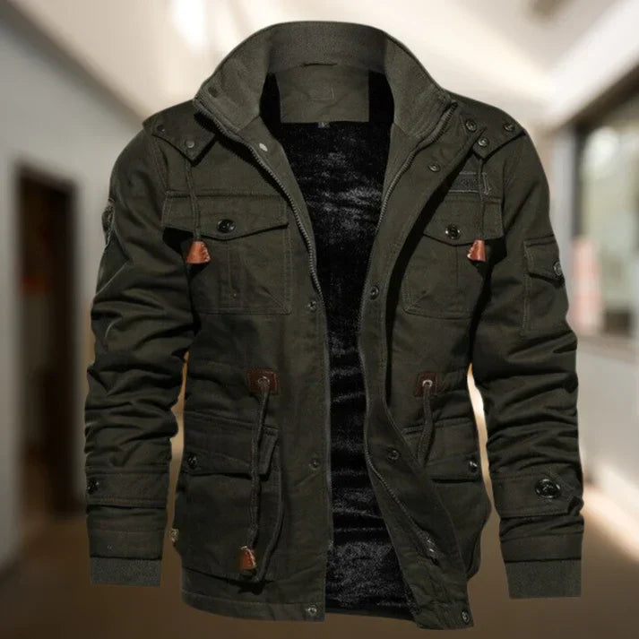 Rugged men's utility jacket with hood, ideal for casual everyday wear in all seasons, featuring practical pockets.