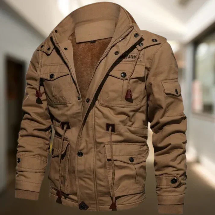 Stylish men's fall/winter hooded jacket, offering warmth & comfort. A versatile military-style outerwear for men.