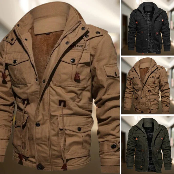 Close-up of a men's hooded military jacket showing multi-pocket design & durable fabric, ideal for outdoor adventures.