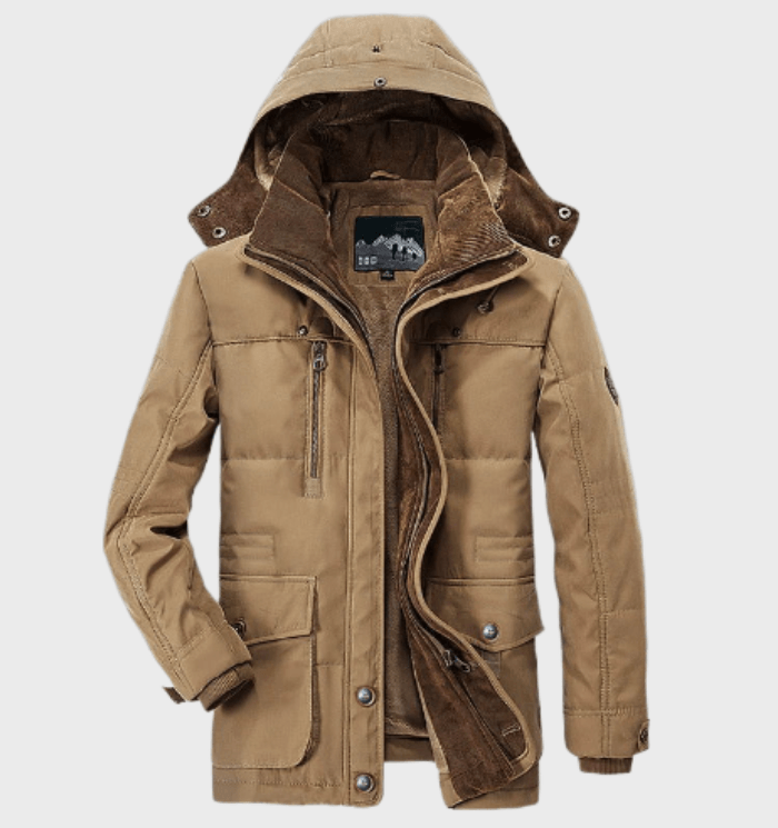 Men's hooded parka jacket in khaki, perfect for winter warmth & style. Features multi-pockets & cold weather gear.