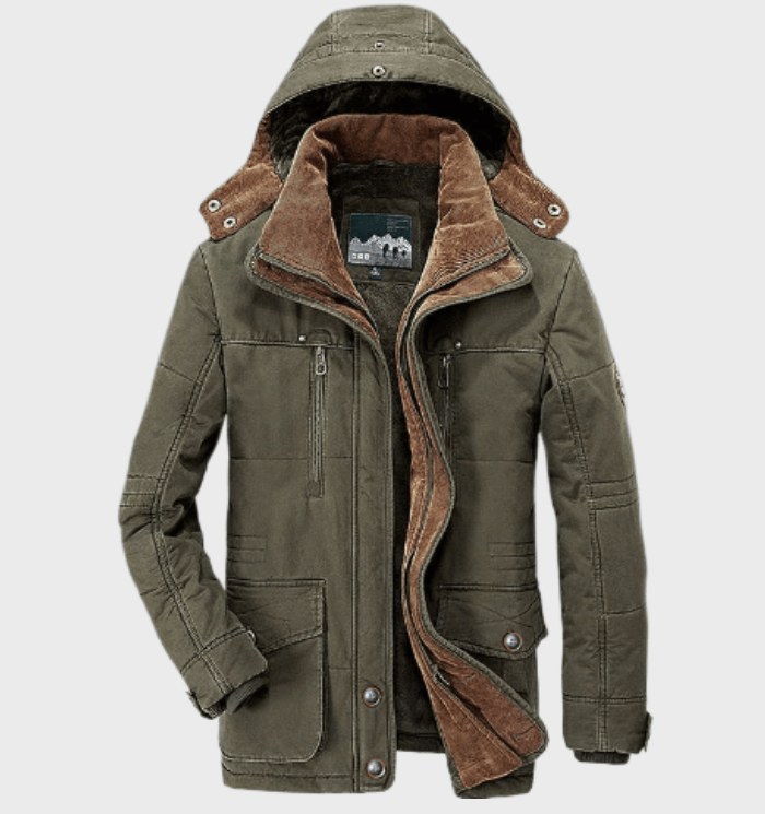 Stylish men's olive green hooded parka, a warm winter coat with multi-pockets for cold weather outerwear.