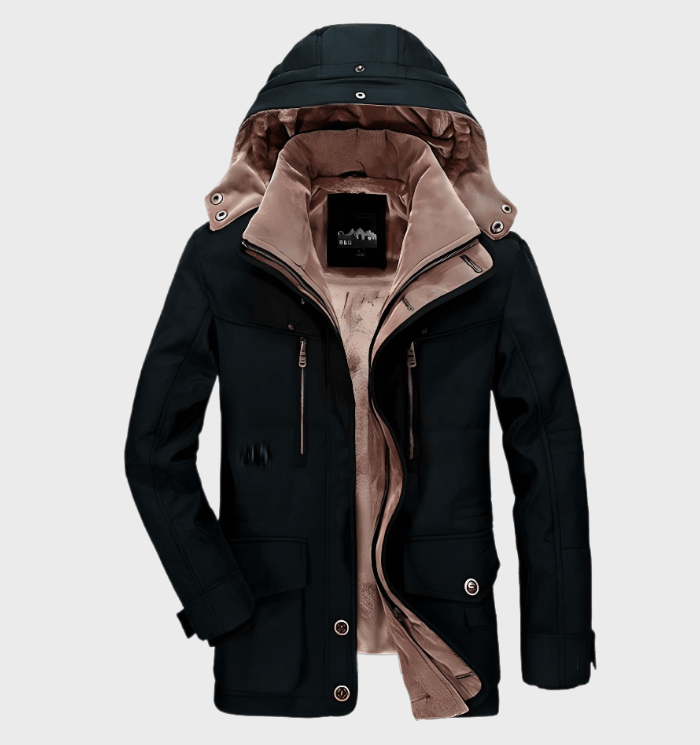 Black men's casual hooded parka jacket, ideal warm winter coat for urban style & cold weather protection.