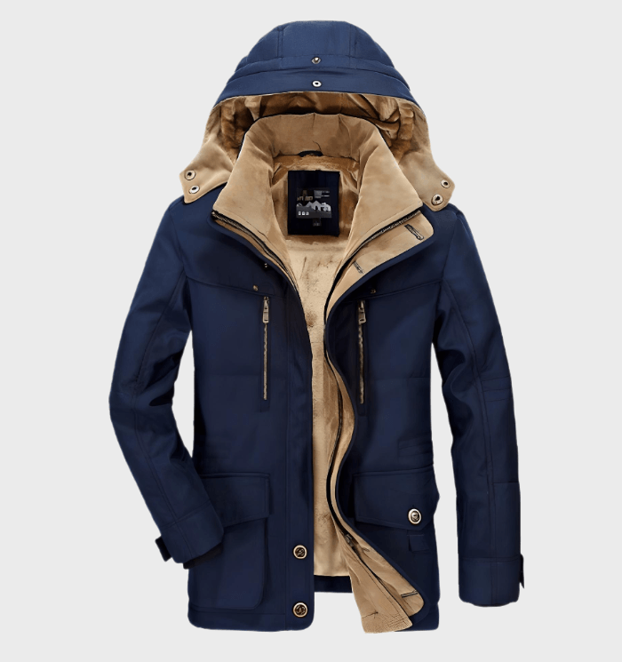 Warm navy blue men's hooded parka jacket, an essential multi-pocket winter coat for ultimate cold weather gear.