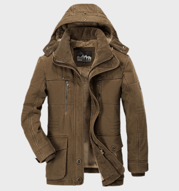 Brown men's fashion hooded parka, a stylish & warm winter coat with multiple pockets for casual outerwear.
