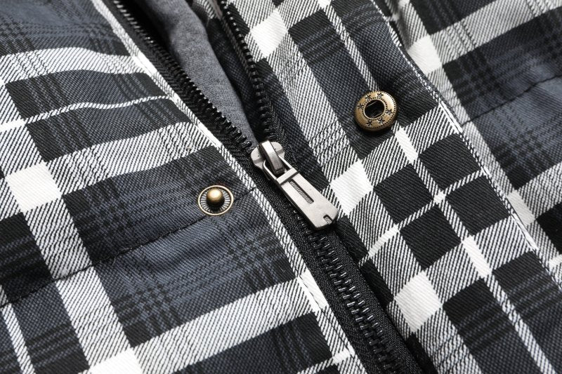 Classic men's hooded plaid puffer vest, a stylish and warm fall & winter layering piece.