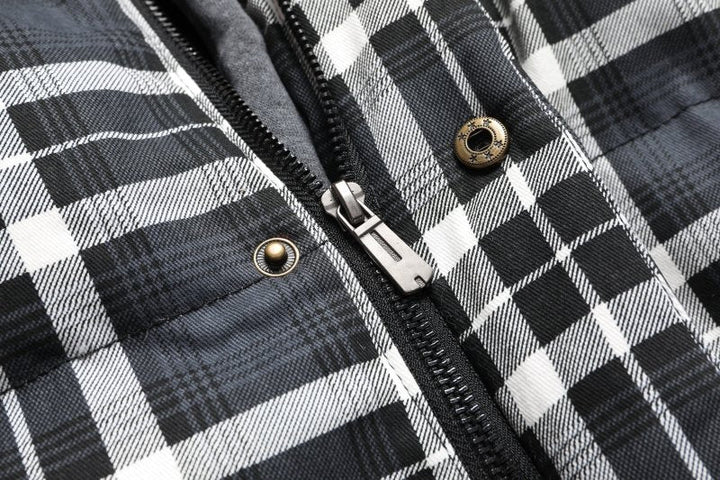 Classic men's hooded plaid puffer vest, a stylish and warm fall & winter layering piece.