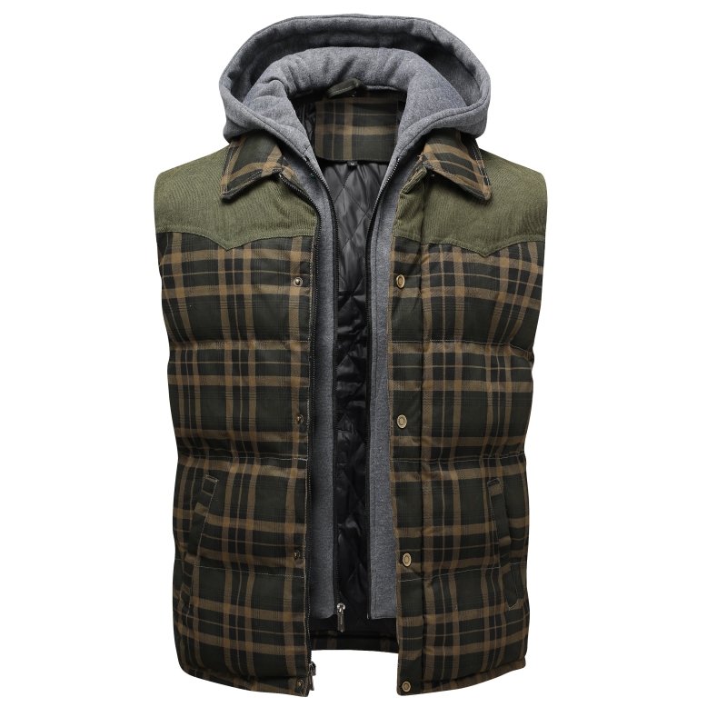 Front view of men's warm hooded plaid quilted vest, essential for fall & winter style.