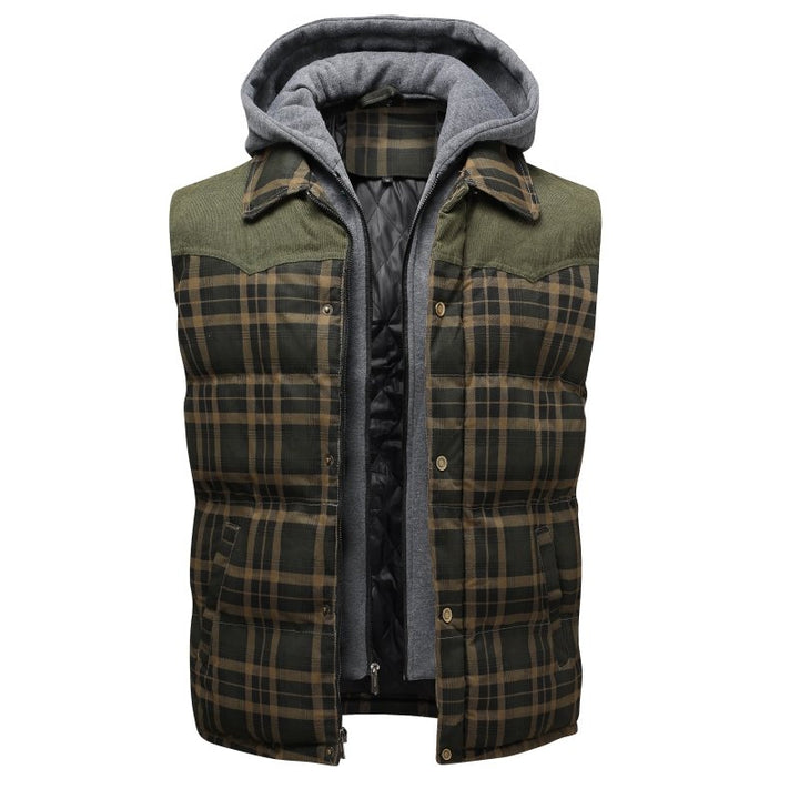 Front view of men's warm hooded plaid quilted vest, essential for fall & winter style.