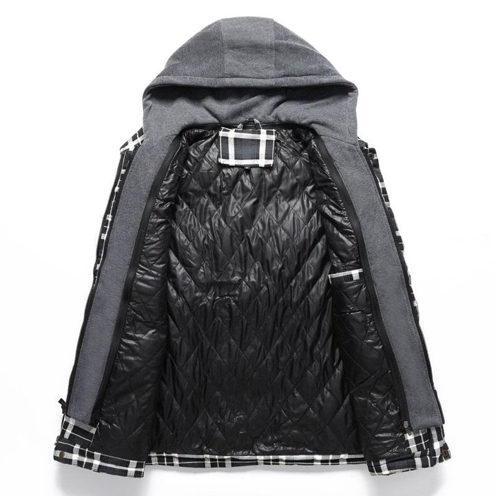 Versatile men's hooded plaid puffer vest, essential for stylish fall & winter layering.
