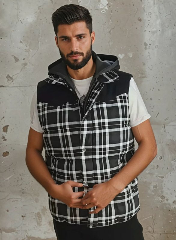 Warm men's quilted puffer vest with hood, ideal for winter layering & cold weather style.