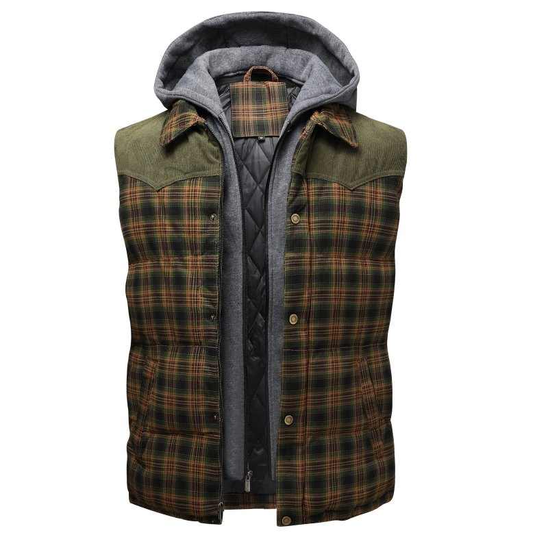 Stylish men's plaid hooded puffer vest, a must-have for casual fall fashion & comfort.