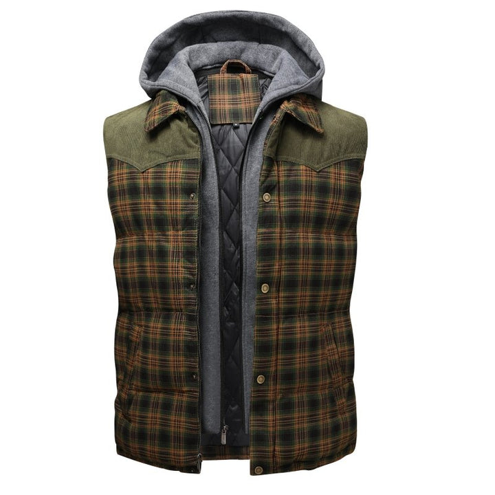 Stylish men's plaid hooded puffer vest, a must-have for casual fall fashion & comfort.