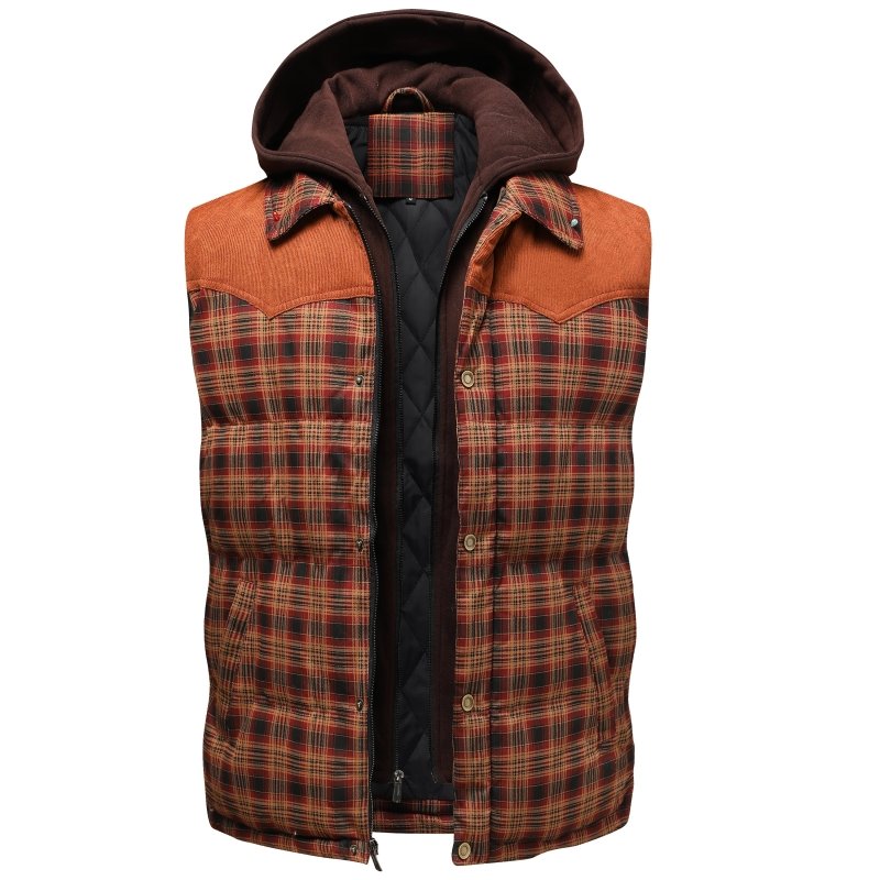 Men's hooded puffer vest in classic plaid, versatile outerwear for casual layering.