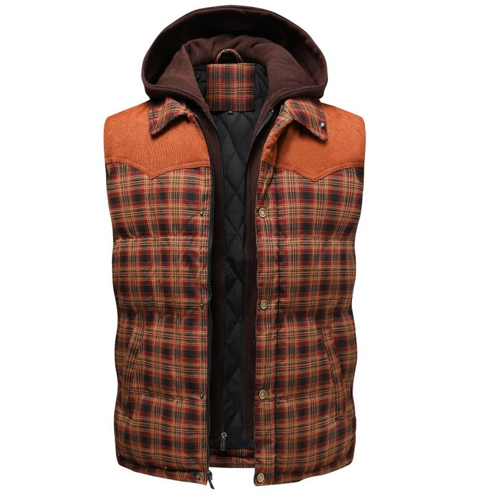 Men's hooded puffer vest in classic plaid, versatile outerwear for casual layering.