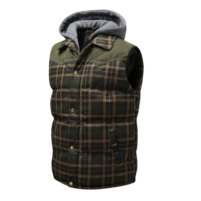 Side view: Men's casual hooded plaid puffer vest, perfect for fall outdoor activities.