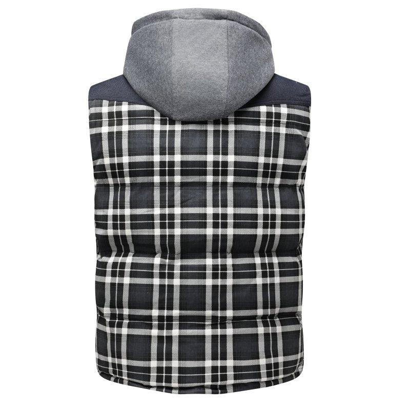 Back view: Warm men's plaid quilted puffer vest with hood, stylish winter outerwear.