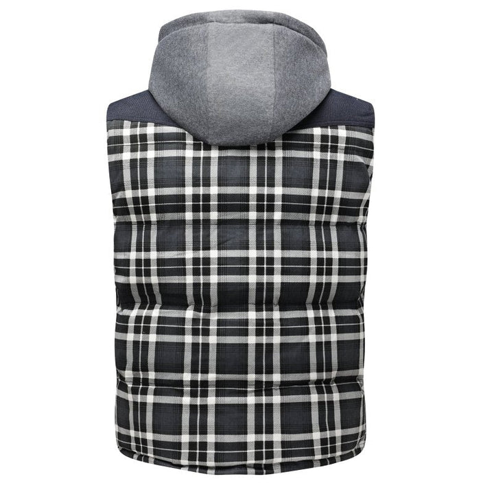 Back view: Warm men's plaid quilted puffer vest with hood, stylish winter outerwear.