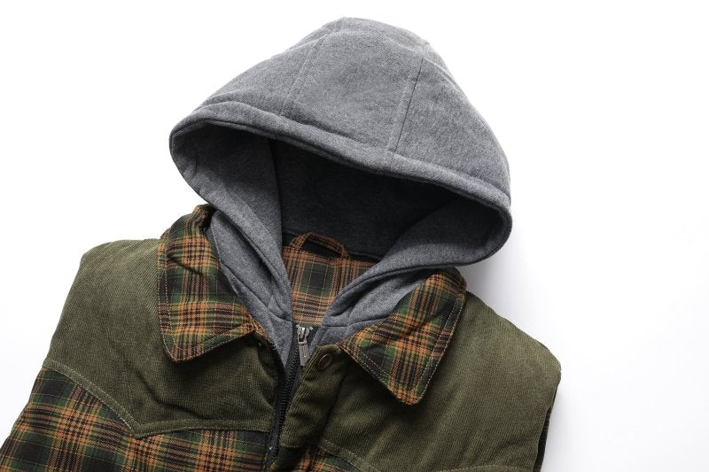 Close-up of the stylish plaid fabric and quilting on men's hooded puffer vest.