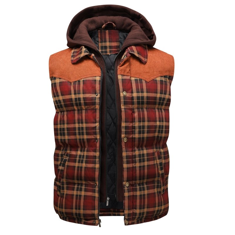 Model wearing men's casual hooded plaid puffer vest, ideal for fall & winter layering.