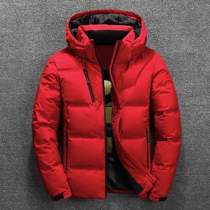 Durable men's quilted puffer jacket with hood, providing superior warmth for winter outerwear.