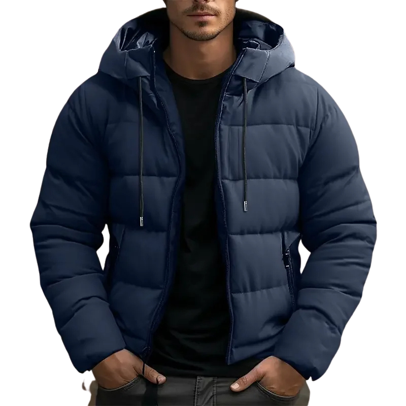 Men's hooded quilted puffer jacket. Warm & stylish winter coat for cold weather.