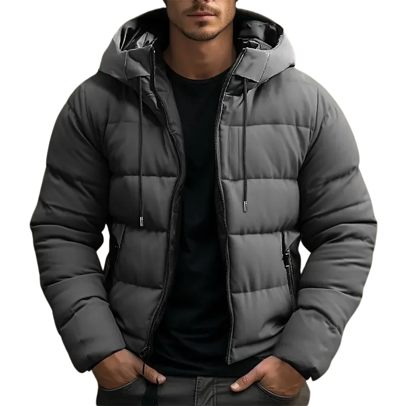 Stylish men's puffer jacket with hood & quilting. Zip-front warm winter outerwear.