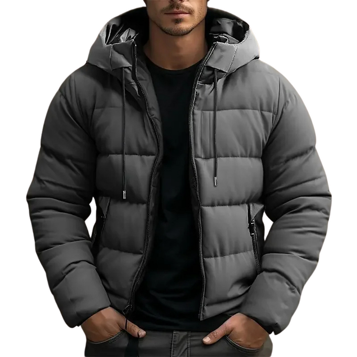 Stylish men's puffer jacket with hood & quilting. Zip-front warm winter outerwear.