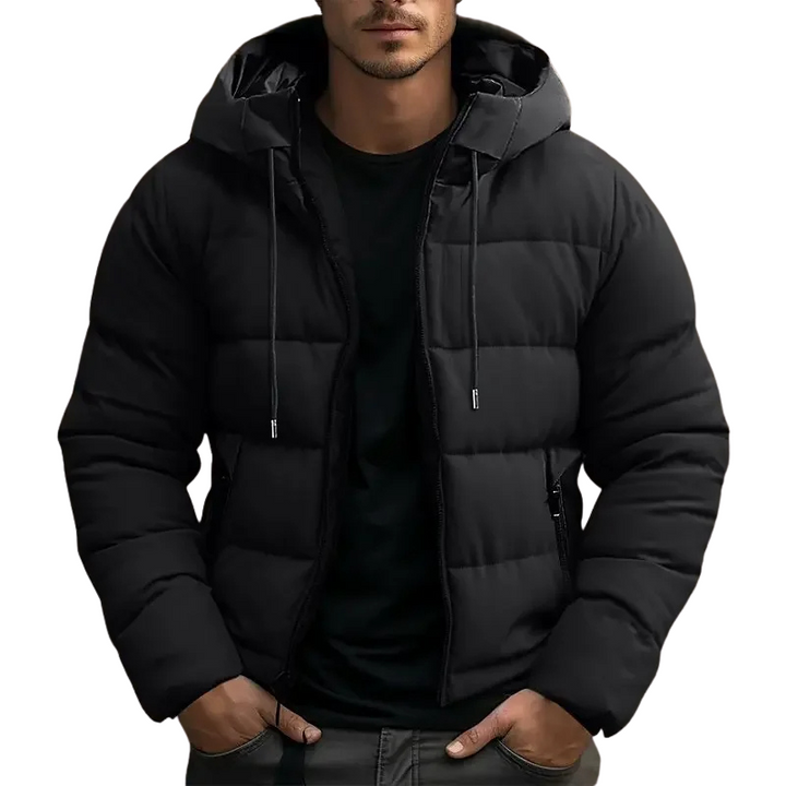Warm men's hooded puffer jacket, quilted design. Perfect winter coat for cold weather.