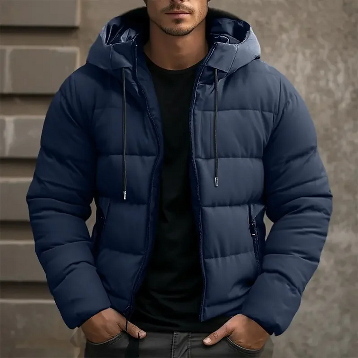 Classic men's hooded puffer jacket. Quilted winter coat providing warmth & comfort.
