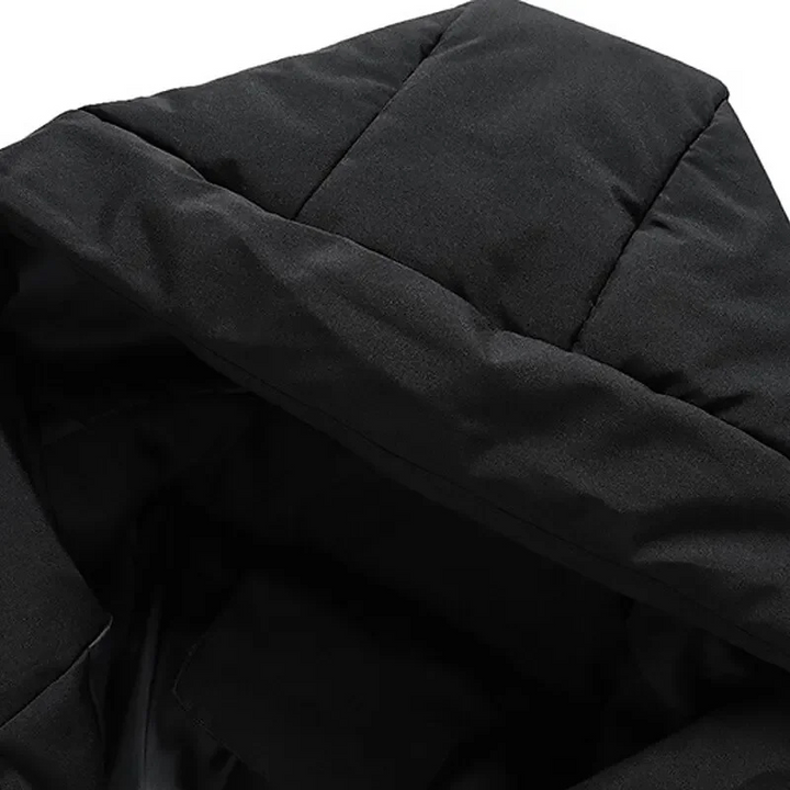 Versatile men's hooded quilted puffer jacket. Essential warm winter coat for daily wear.