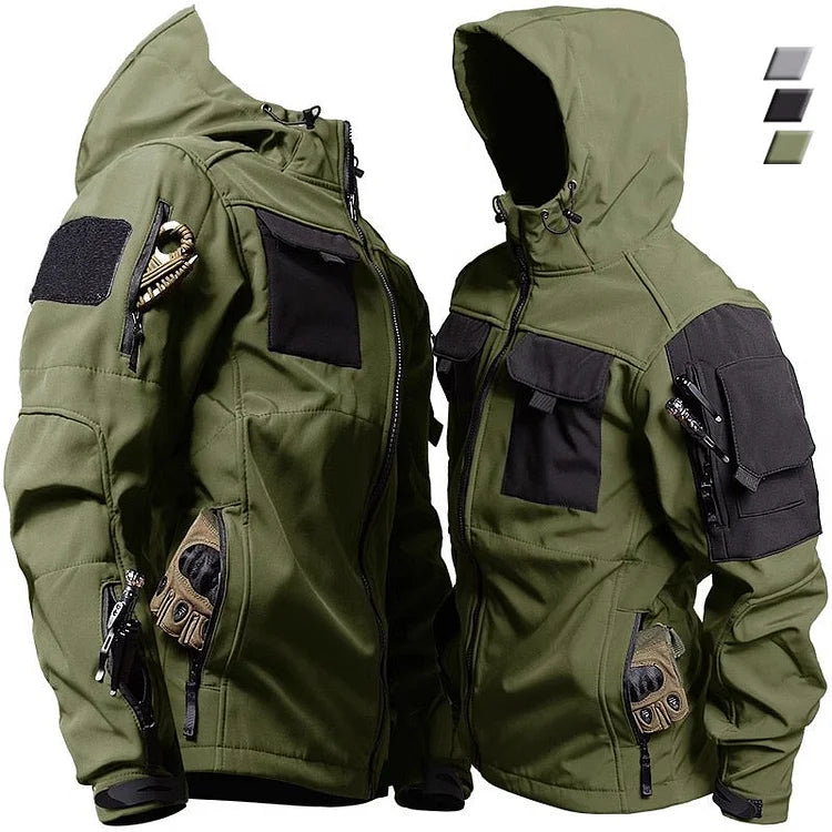 Men's hooded tactical jacket for outdoor adventures, featuring durable fabric and military-style utility.