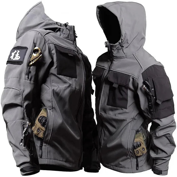 Rugged men's military-style hooded jacket, ideal for tactical outdoor adventures and everyday outerwear.