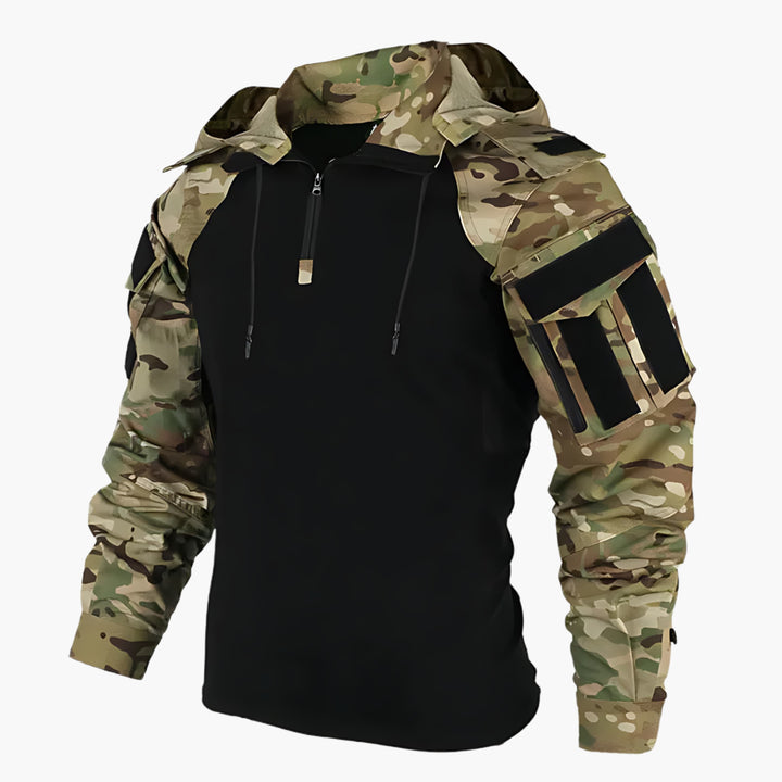 Durable men's tactical winter jacket with hood for active outdoor adventures. Versatile all-weather gear.