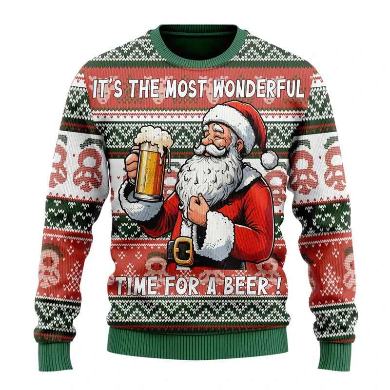 Funny men's Christmas sweater featuring Santa Claus, ideal holiday apparel and seasonal gift idea.