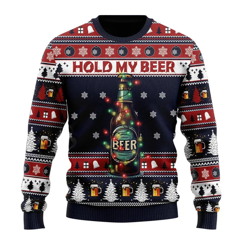 Men's striped Christmas sweater with a humorous holiday motif, perfect graphic sweater for winter.