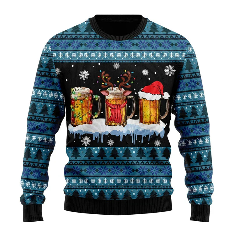 Close-up of a men's funny Christmas sweater, showcasing unique graphic design on holiday apparel.