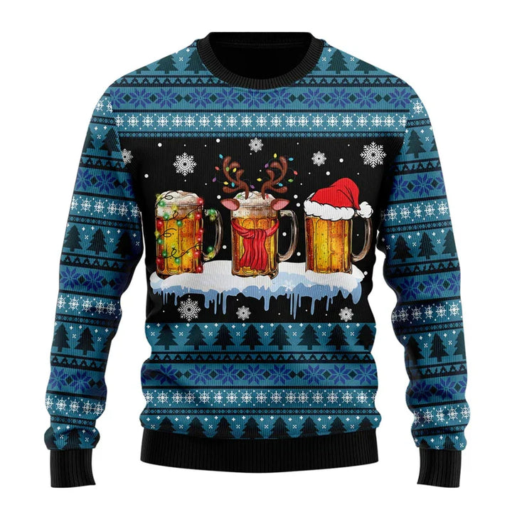 Close-up of a men's funny Christmas sweater, showcasing unique graphic design on holiday apparel.
