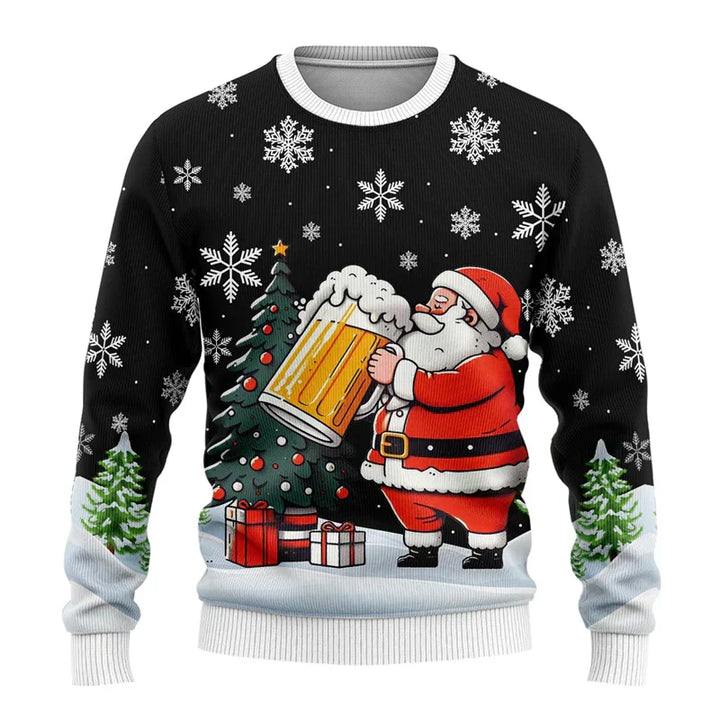 Happy man wearing a humorous Christmas sweater, cozy winter fashion for holiday celebrations.