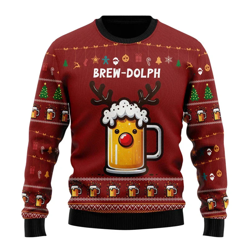 Men's ugly Christmas sweater with funny reindeer graphic, a popular choice for holiday parties.