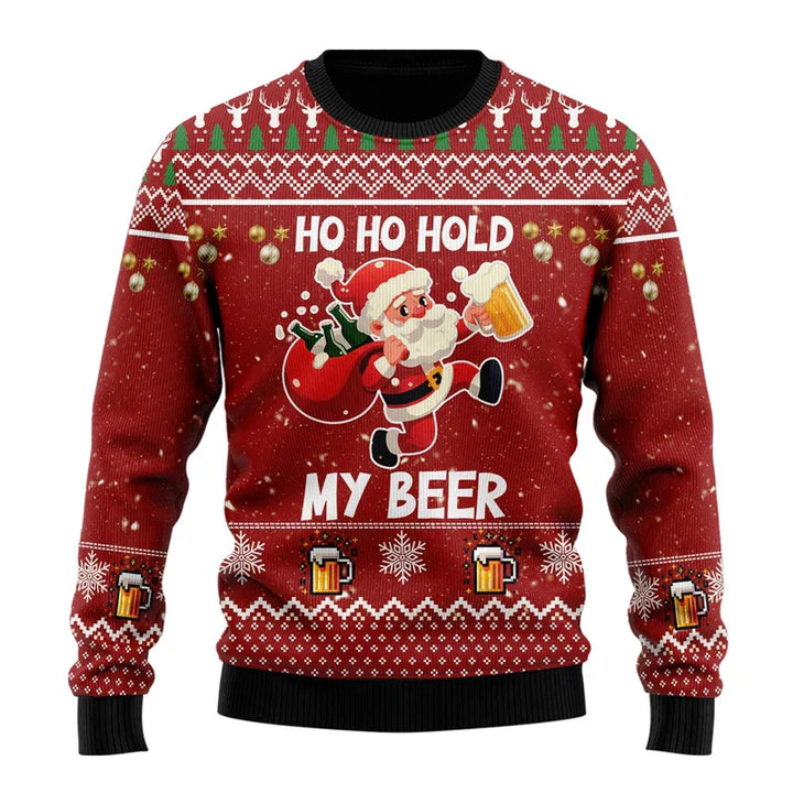Detailed view of a men's graphic Christmas sweater, highlighting the humorous festive design.
