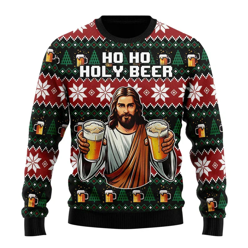 Model wearing a men's humorous Christmas sweater, demonstrating festive and fun winter fashion.
